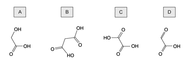 Four labelled chemical structures: A is lactic acid, B is malic acid, C is tartaric acid, and D is pyruvic acid, with each showing hydroxyl and carbonyl groups.