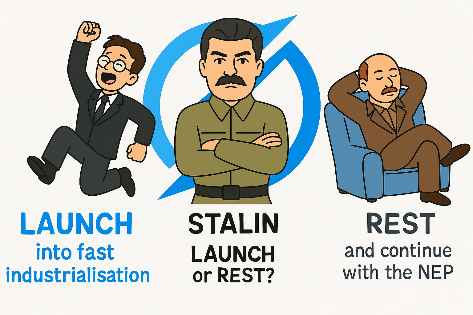 A cartoon-style educational image depicting three figures representing key Soviet leaders and their economic policy choices. In the center stands Joseph Stalin with a stern expression, arms folded, and a blue industrial symbol behind him. He is flanked by two contrasting characters:

On the left, a cheerful and energetic Leon Trotsky is leaping into the air with a fist raised. Below him, blue text reads:
"LAUNCH into fast industrialisation".

On the right, a relaxed and content-looking Nikolai Bukharin is sitting back comfortably in an armchair with eyes closed and hands behind his head. Below him, grey text reads:
"REST and continue with the NEP".

Beneath Stalin is the central question in bold text:
"STALIN – LAUNCH or REST?"