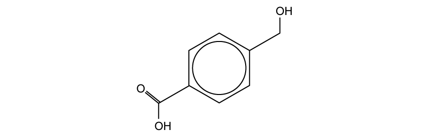 Chemical structure of 4-(hydroxymethyl)benzoic acid, showing a benzene ring with a hydroxyl group and a carboxyl group attached.