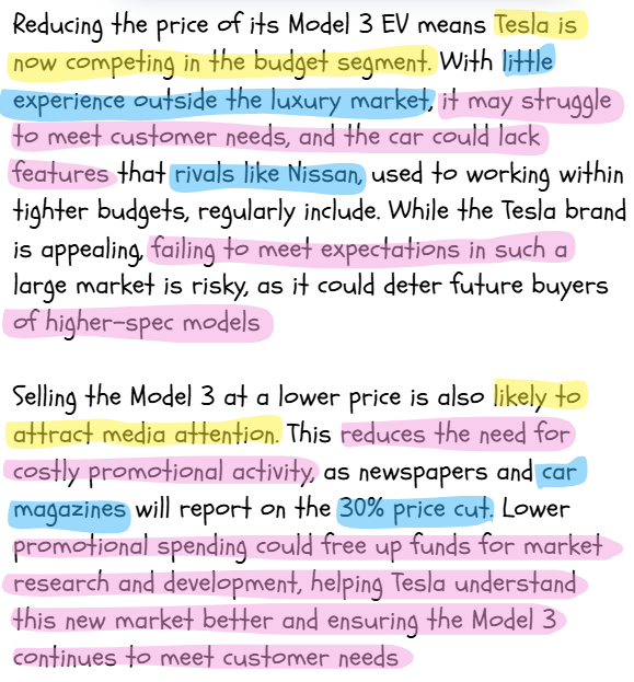 Text discussing Tesla's Model 3 price reduction to compete in the budget segment, with media attention and the need to meet customer expectations.