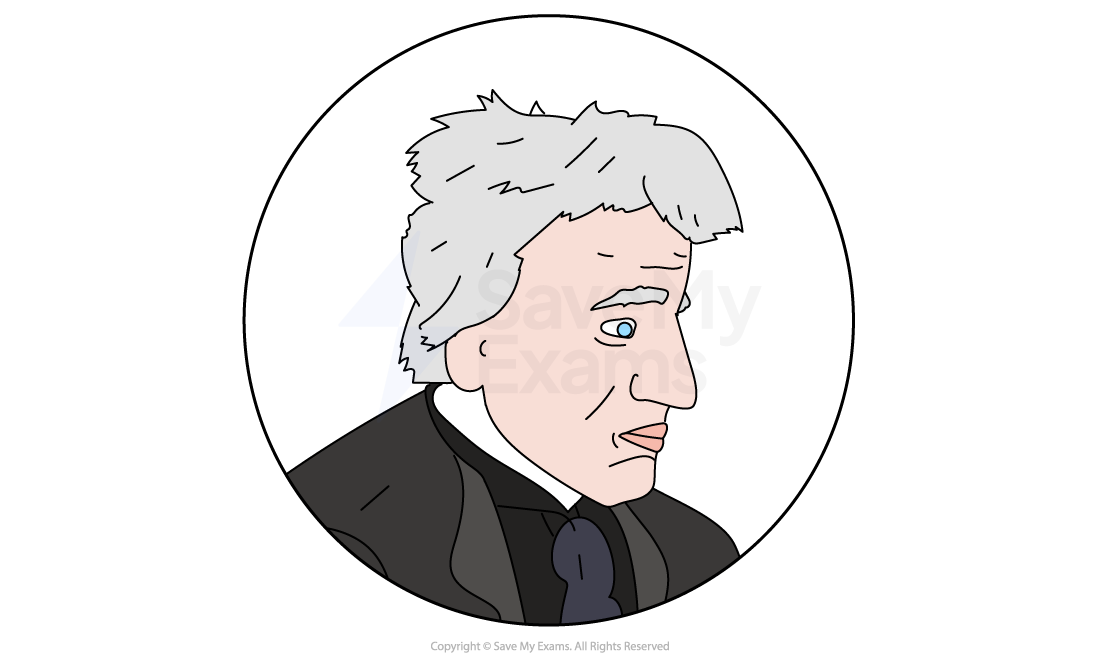 Drawing of an older man with grey hair, wearing a black suit and tie, and looking to the right inside a circular frame on a white background.
