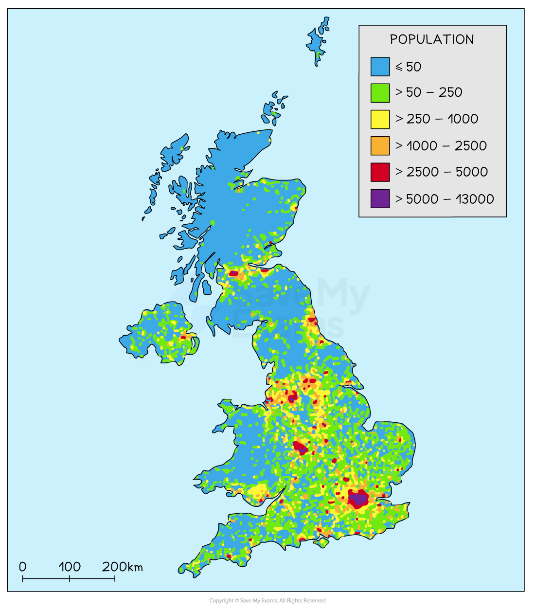 Map of the UK showing population density with a colour key. Higher densities in red are in the southeast and Midlands; less dense areas in blue.