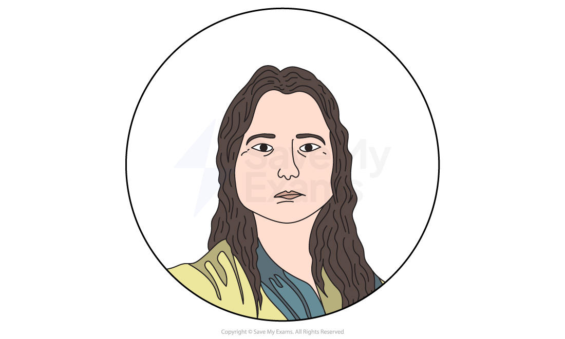 Illustration of a person with long brown hair, wearing a yellow and blue top, inside a circular frame on a white background.