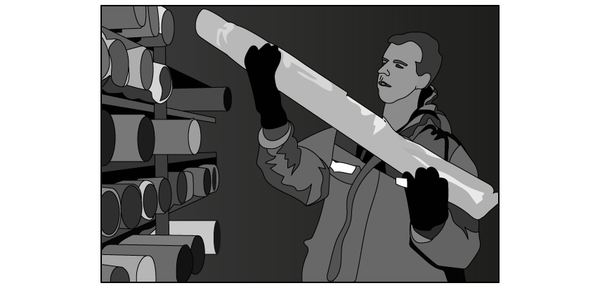 Person in a coat and gloves selects a cylindrical package from shelves filled with similar items. The setting appears to be a storage area.