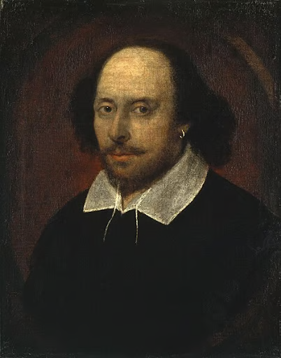 A historical painting of a man with a receding hairline, dark eyes, and wearing a black coat with a white collar against a dark background.