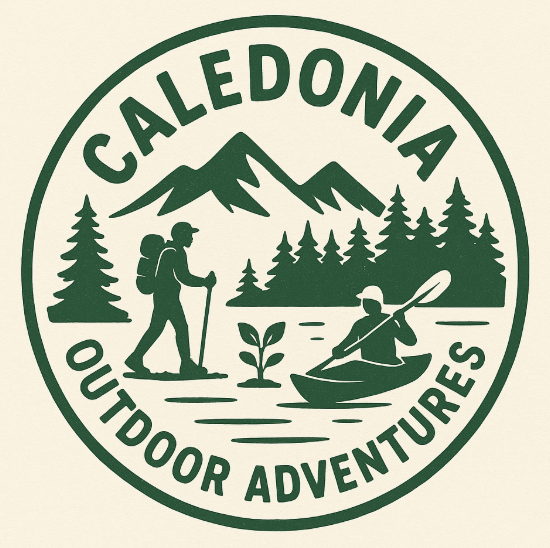 Circular logo with "Caledonia Outdoor Adventures" text, showing a hiker and kayaker against mountains and trees, in green on a cream background.