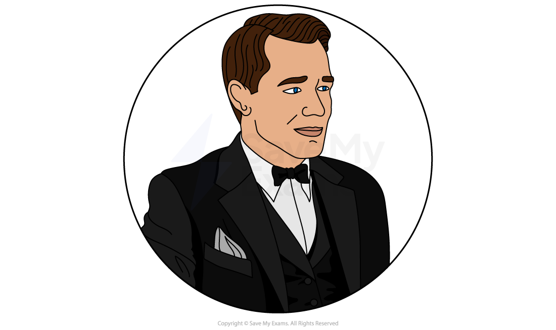 Cartoon man in a tuxedo with a bow tie and pocket square, looking to the side. Brown hair, blue eyes, in a circular frame.