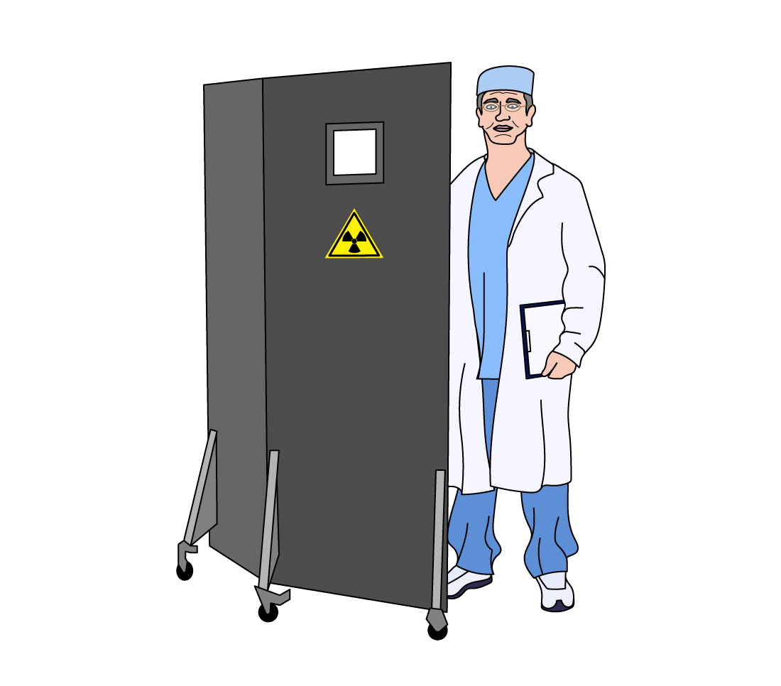 Doctor in scrubs and lab coat standing behind a wheeled radiation shield with a warning symbol, holding a clipboard, indicating a medical setting.