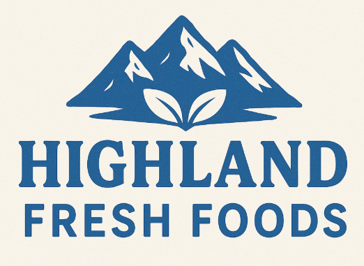 Logo of Highland Fresh Foods with stylised blue mountains and leaves above the company name in bold blue text on a cream background.