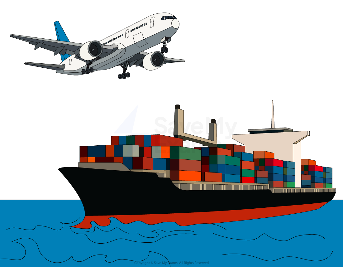 Illustration of a cargo ship with stacked containers on the sea and an aeroplane flying overhead in a clear sky.