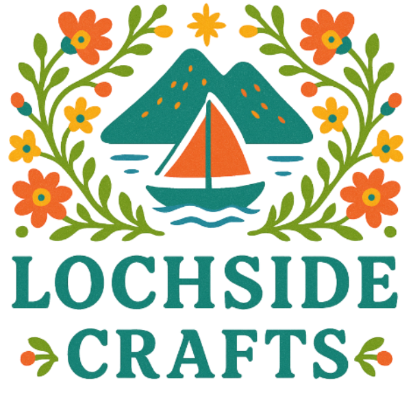 Logo for Lochside Crafts featuring a sailboat on water with mountains in the background, surrounded by colourful flowers and leaves.