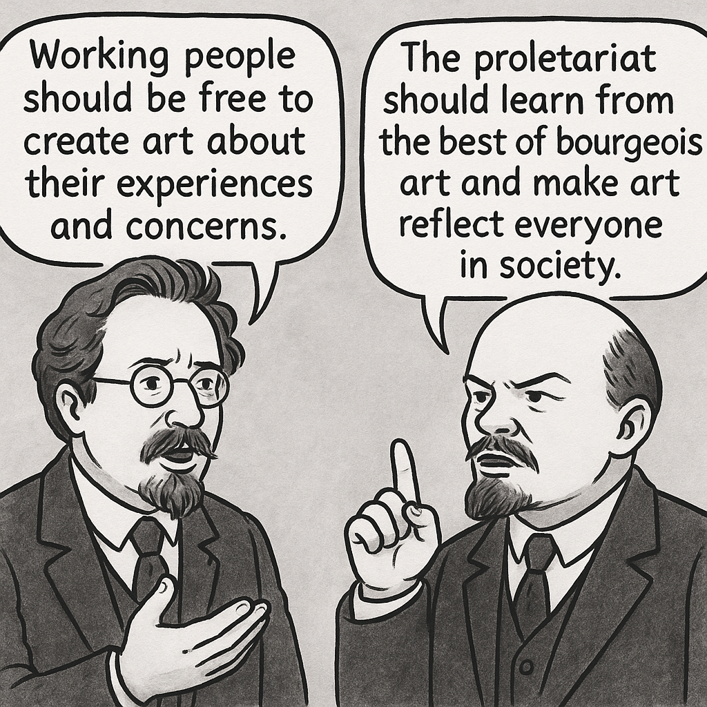 A black-and-white cartoon illustration showing two men in suits debating about art and society. The man on the left, with glasses, a beard, and mustache, gestures with one hand while saying, “Working people should be free to create art about their experiences and concerns.” The man on the right, bald with a short beard and pointing upward, replies, “The proletariat should learn from the best of bourgeois art and make art reflect everyone in society.