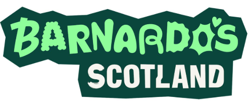 Barnardo's Scotland logo with bold, stylised green text on a dark background. The word "Scotland" appears in white block letters below.