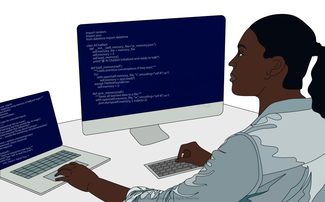 A person works on a laptop and monitor displaying Python code, focusing on chatbot programming in a modern office setting.