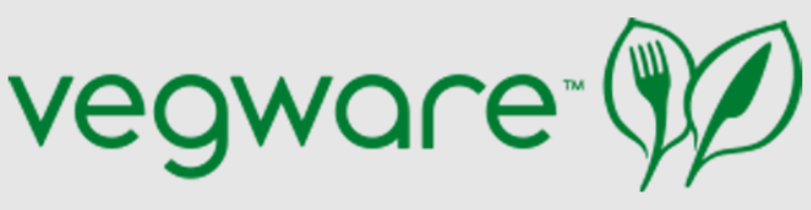 Green Vegware logo with stylised cutlery and leaf design on a light grey background, symbolising eco-friendly packaging solutions.