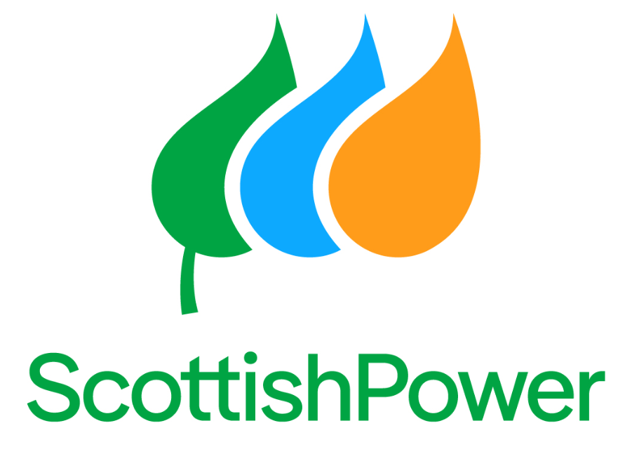 ScottishPower logo featuring three stylised leaves in green, blue, and orange above the green text "ScottishPower" on a white background.