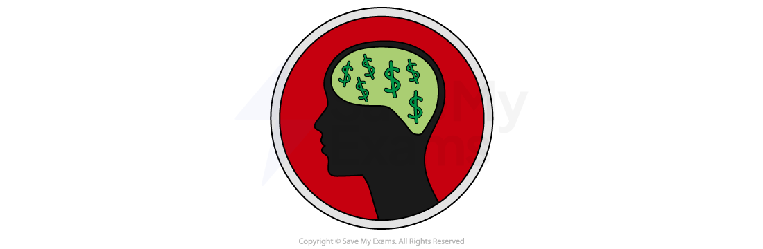 Silhouette of a person's head on a red circle background with green brain featuring dollar signs, symbolising financial thinking.