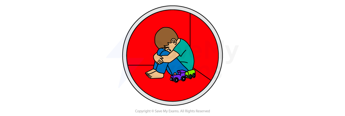 Symbol for childhood neglect: a child in a turquoise shirt and blue trousers sits sadly in a red corner, hugging knees, with toy cars beside them.