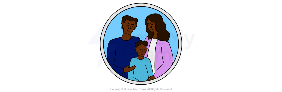 Symbol for family: illustration of a family with a father, mother, and child embracing in a circle against a light blue background.