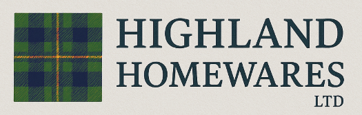 Logo of Highland Homewares Ltd featuring a green and blue tartan pattern on the left, with the company name in bold lettering on the right.