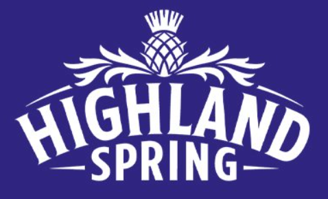 Highland Spring logo with a stylised white thistle above the text on a purple background, symbolising Scottish origin and purity.
