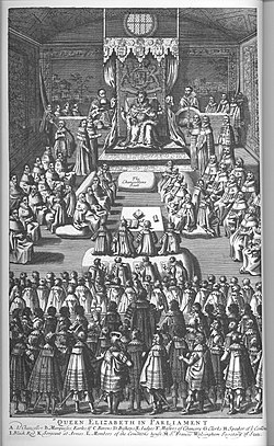 Historic illustration of Queen Elizabeth I seated on a throne in Parliament, surrounded by nobles and officials in elaborate attire, in a grand hall.