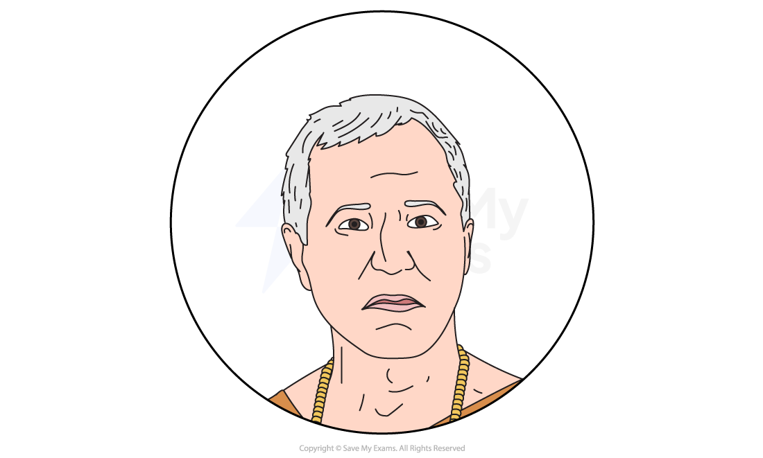 Illustration of a man with short grey hair, serious expression, wearing an orange garment and a beaded necklace, within a circular border.