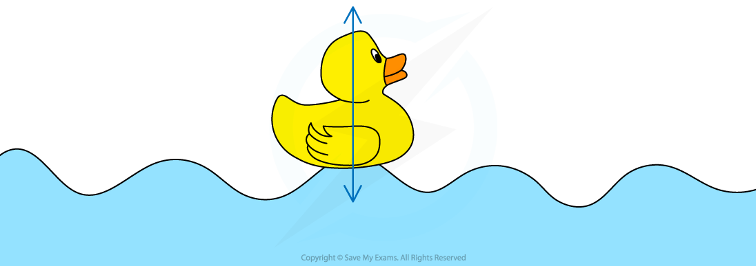 Yellow rubber duck on blue water, showing vertical oscillation with a double-headed arrow, symbolising motion.