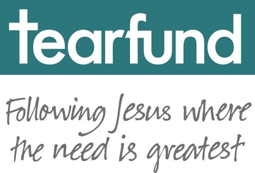 Tearfund logo with text: "Following Jesus where the need is greatest" in grey script on a white background under teal "tearfund" text.