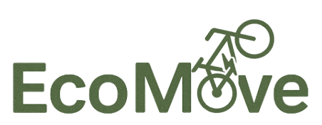 EcoMove logo with green text. The letter 'M' is creatively shaped like a bicycle, symbolising eco-friendly and sustainable transportation.