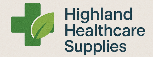Green cross and leaf logo with text "Highland Healthcare Supplies" in navy blue, conveying a focus on health and nature-related products.