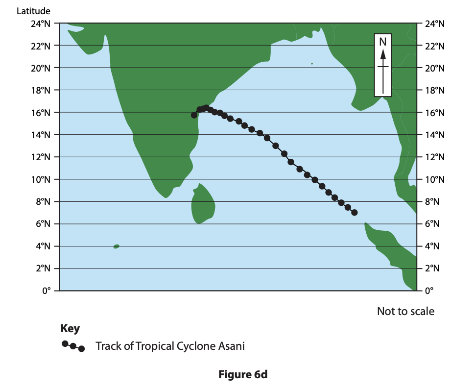 Map showing the track of Tropical Cyclone Asani, with black dots, moving northwest from 4°N to 18°N across the Bay of Bengal.