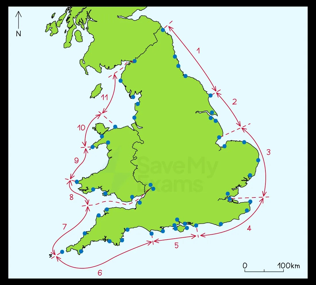 The map of Great Britain shows major sediment cells numbered 1 to 11 around the coastline, with blue points indicating sub-cell boundaries. Scale is 0-100 km.