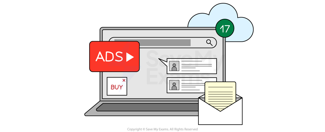 Laptop displaying ads and email notifications with a cloud icon showing 17 messages, illustrating digital communication overload.