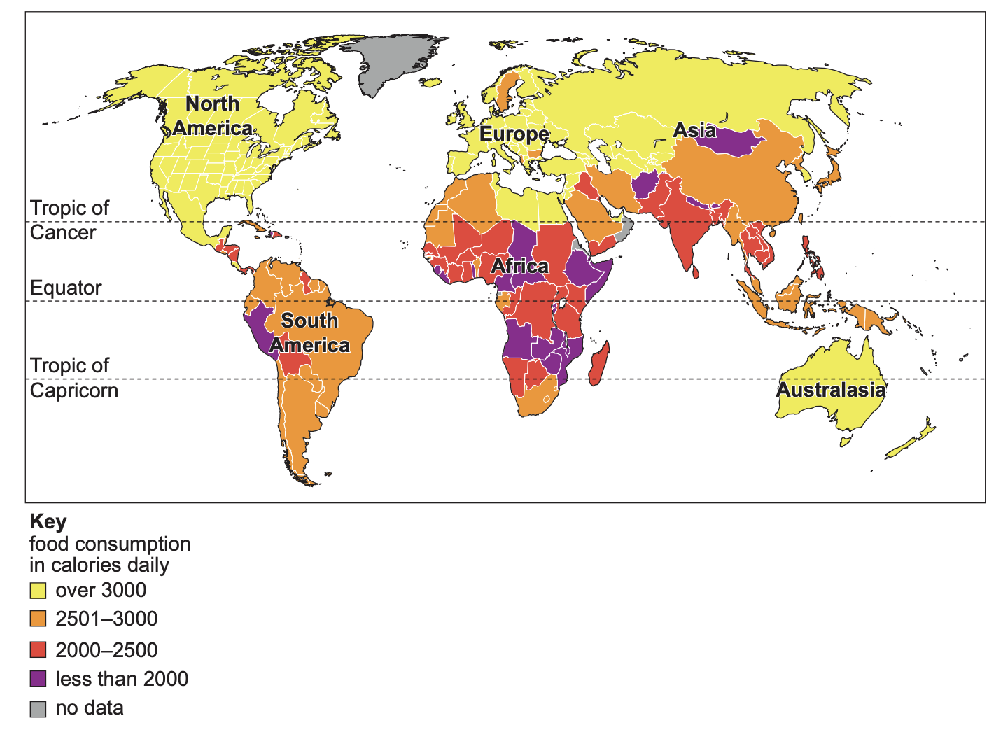 World map showing daily calorie consumption by country: yellow for over 3000, orange for 2501-3000, red for 2000-2500, purple for under 2000.