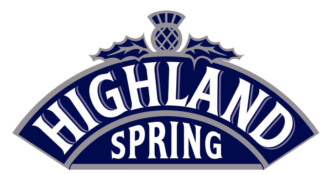 Logo of Highland Spring, featuring stylised white text on a blue arch with a thistle design and grey accents.
