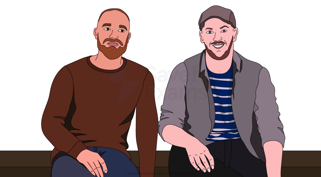 Two smiling cartoon men sitting on a bench, one with a beard in a brown jumper, the other in a cap and striped shirt with a grey jacket.