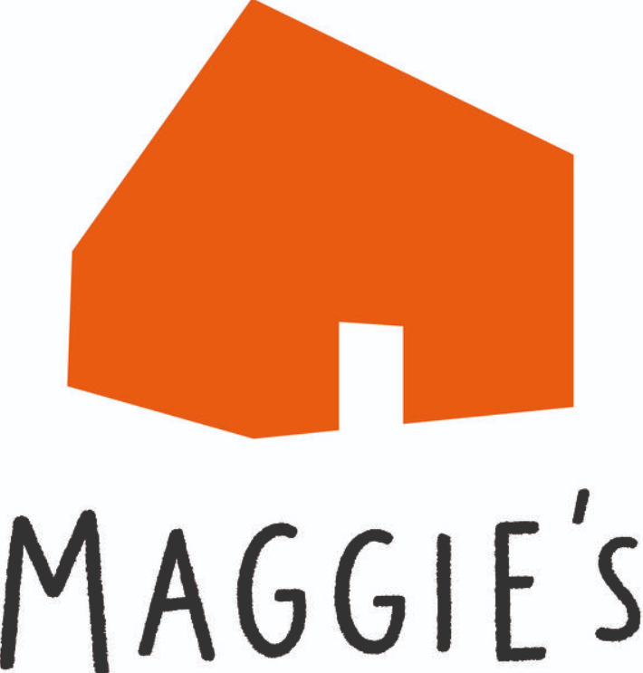 Stylised orange house shape above handwritten text reading "Maggie's" on a white background.