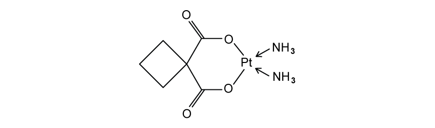 Chemical structure diagram of a platinum-based complex with a cyclobutane ring, two ammine groups, and carboxylate ligands forming a chelate around platinum.