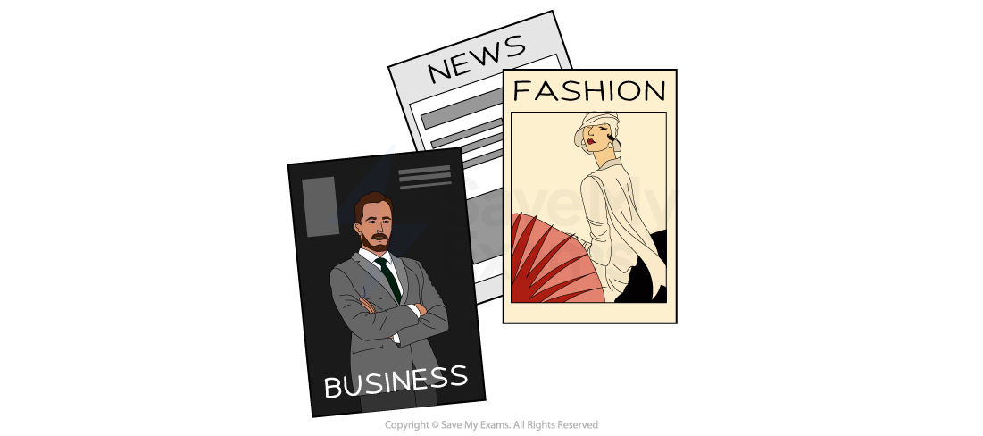 Illustration of three overlapping magazine covers: a business magazine with a suited man, a fashion magazine with a woman, and a generic news cover.