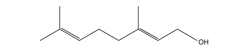 Chemical structure of geraniol, showing two isopropenyl groups and an alcohol group (OH) at the end of a hydrocarbon chain.