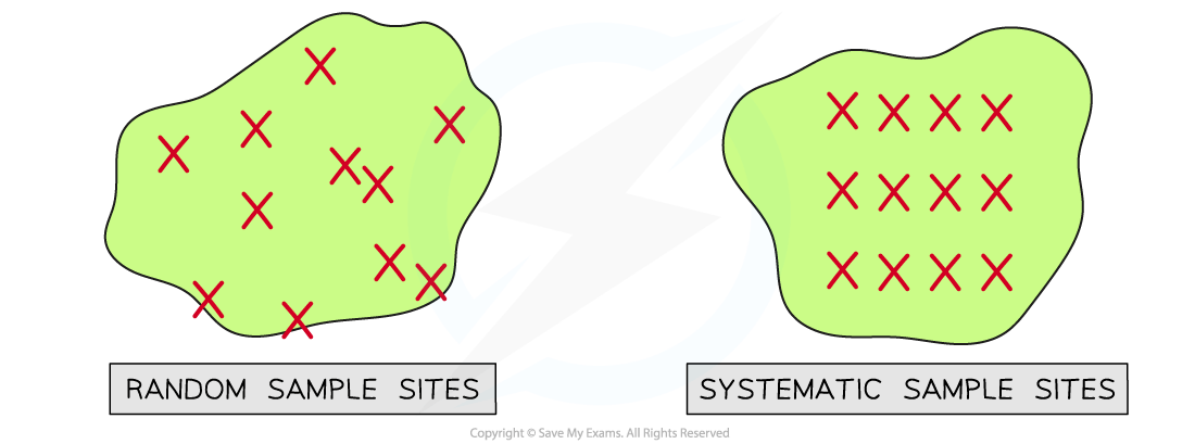 Comparison of random and systematic sample sites in green areas with red Xs; random on left, systematic grid on right.