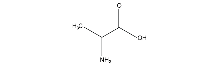 Chemical structure of alanine, showing a central carbon atom bonded to an amino group, a carboxyl group, and a methyl group.