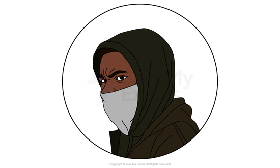 Illustration of Jermaine "Killa" Bent from Pigeon English: he is wearing a dark hooded jacket and a light grey face covering, with a serious expression, set in a circular frame.