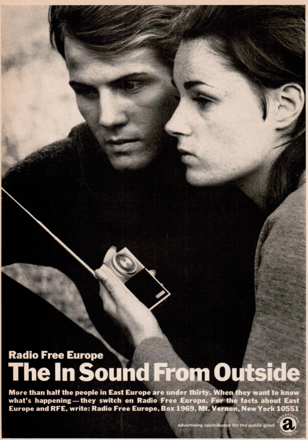Young man and woman closely tune into a portable radio, with text promoting Radio Free Europe as a source for news in Eastern Europe. Black and white.