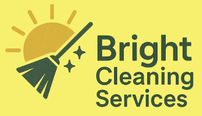 Logo for Bright Cleaning Services with a sun and broom design, featuring two sparkles. Text is in bold, dark green on a yellow background.