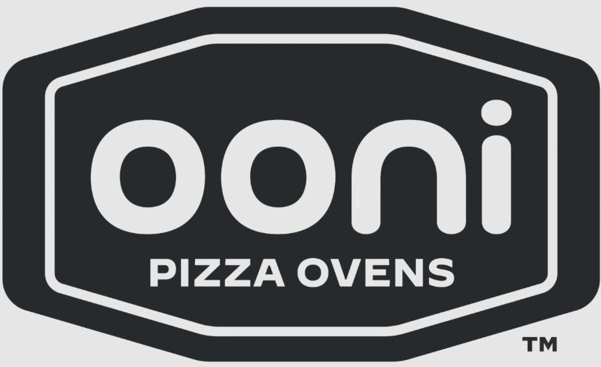 Black hexagonal logo with "ooni" in bold white letters above "PIZZA OVENS" in smaller text, against a light grey background.