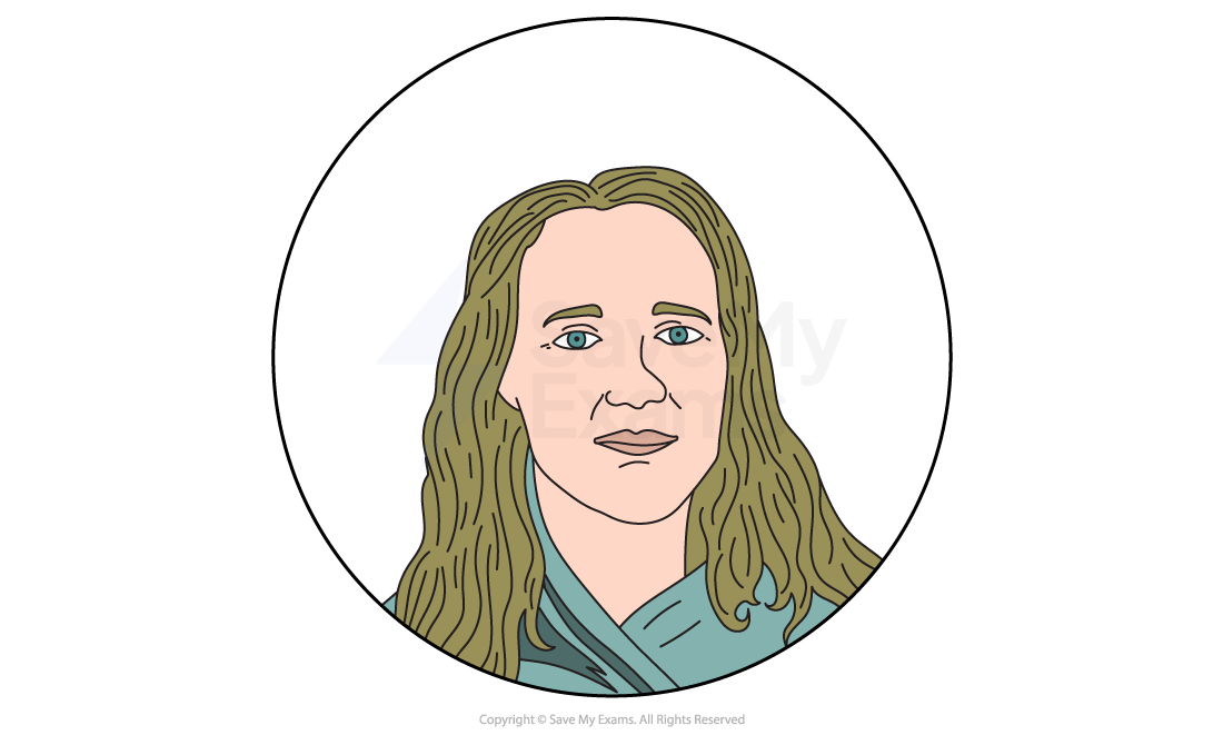 Illustration of a person with long, wavy hair and blue eyes, wearing a blue shirt, encircled by a thin black line on a white background.