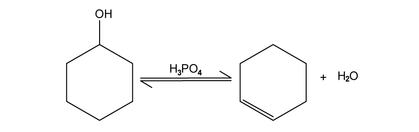 Chemical reaction diagram: cyclohexanol to cyclohexene with water by-product, using phosphoric acid (H3PO4) as a catalyst.