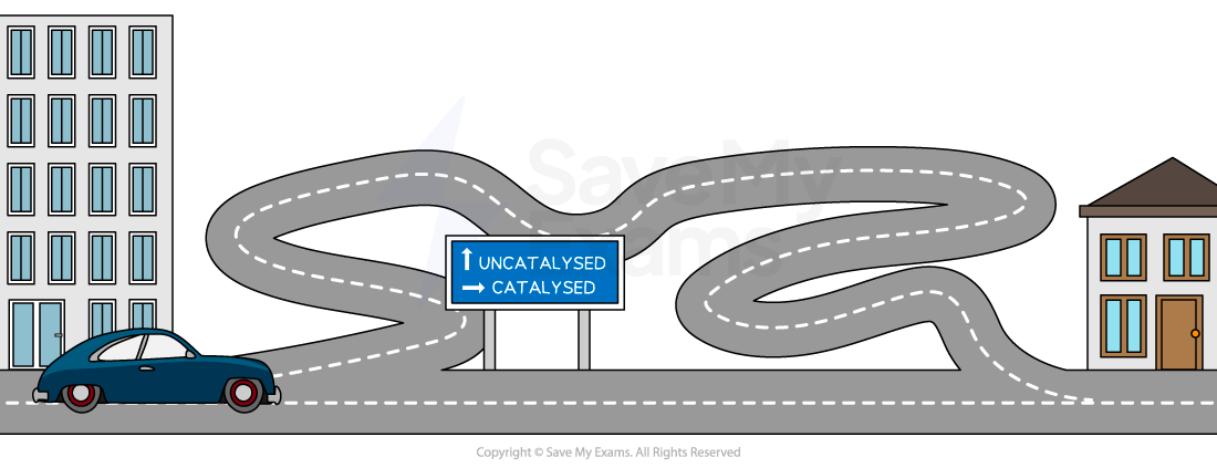 A winding road splits into two paths, marked "Uncatalysed" ahead and "Catalysed" turning right, between two buildings with a blue car approaching.